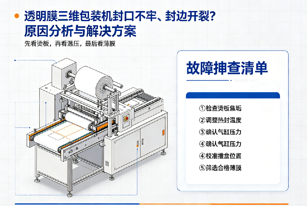 透明膜三维包装机封口不牢、封边开裂？原因分析与解决方案